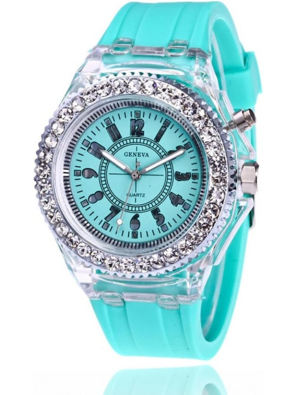 Womens Mint Green Analog Silicone Bling Luminous Lights Sport Square Wrist Watch